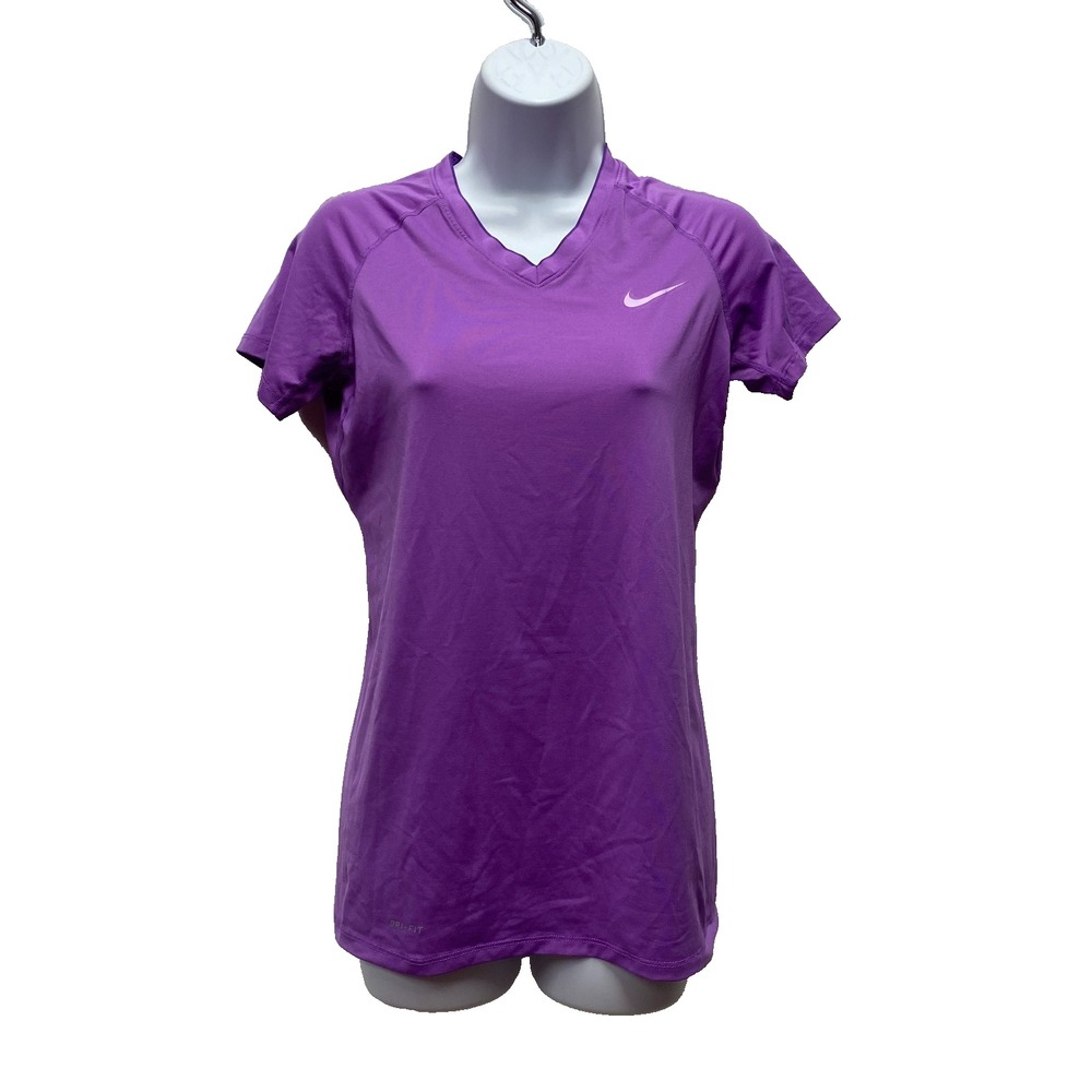 Nike Pro Combat Dri-Fit Fitted Athletic T-Shirt Women Small Purple Swoosh V-Neck